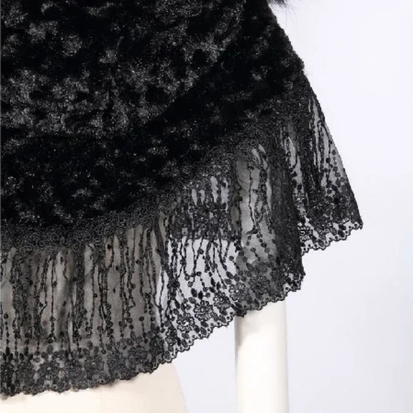 Gothic Lolita Steampunk Victorian Adorable Plush Fur & Lace Black Hooded Cape OS - Picture 8 of 11